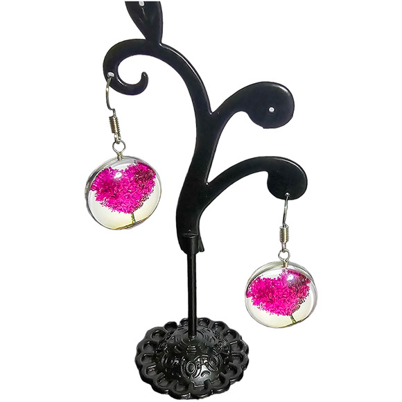Boutique new fuchsia double sided dome Tree of Life heart earrings - Picture 1 of 6